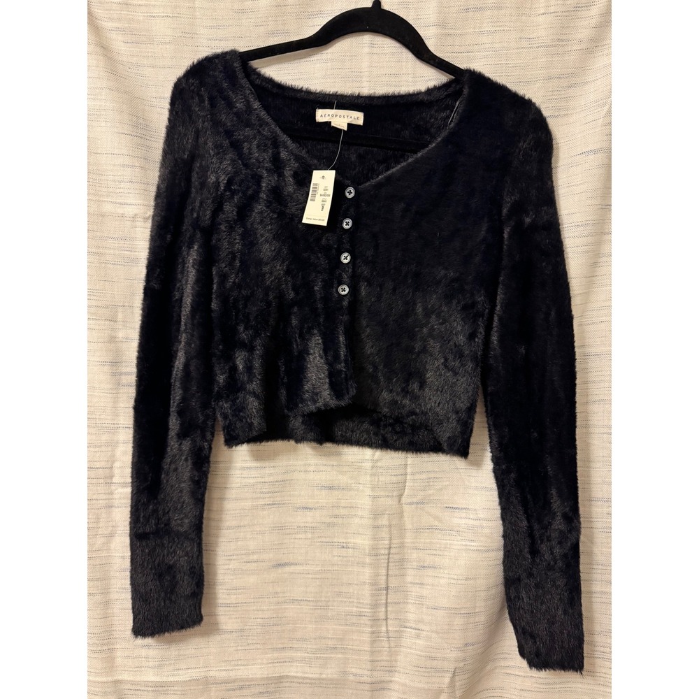 Aeropostale Black Fuzzy Cropped Cardigan Sweater Button Front NWT Size L